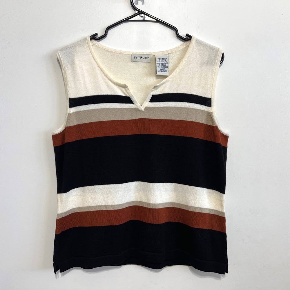 Vintage White Stag Womens Striped Knit Sleeveless Top Size L V-Neck 90s Preppy